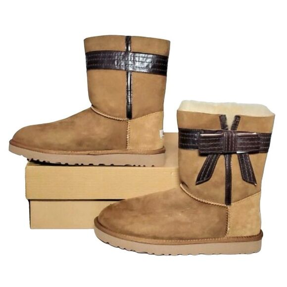 UGG Australia Josette Chestnut Sheepskin Winter Boots Leather Bows Womens Size 9 - Picture 2 of 13